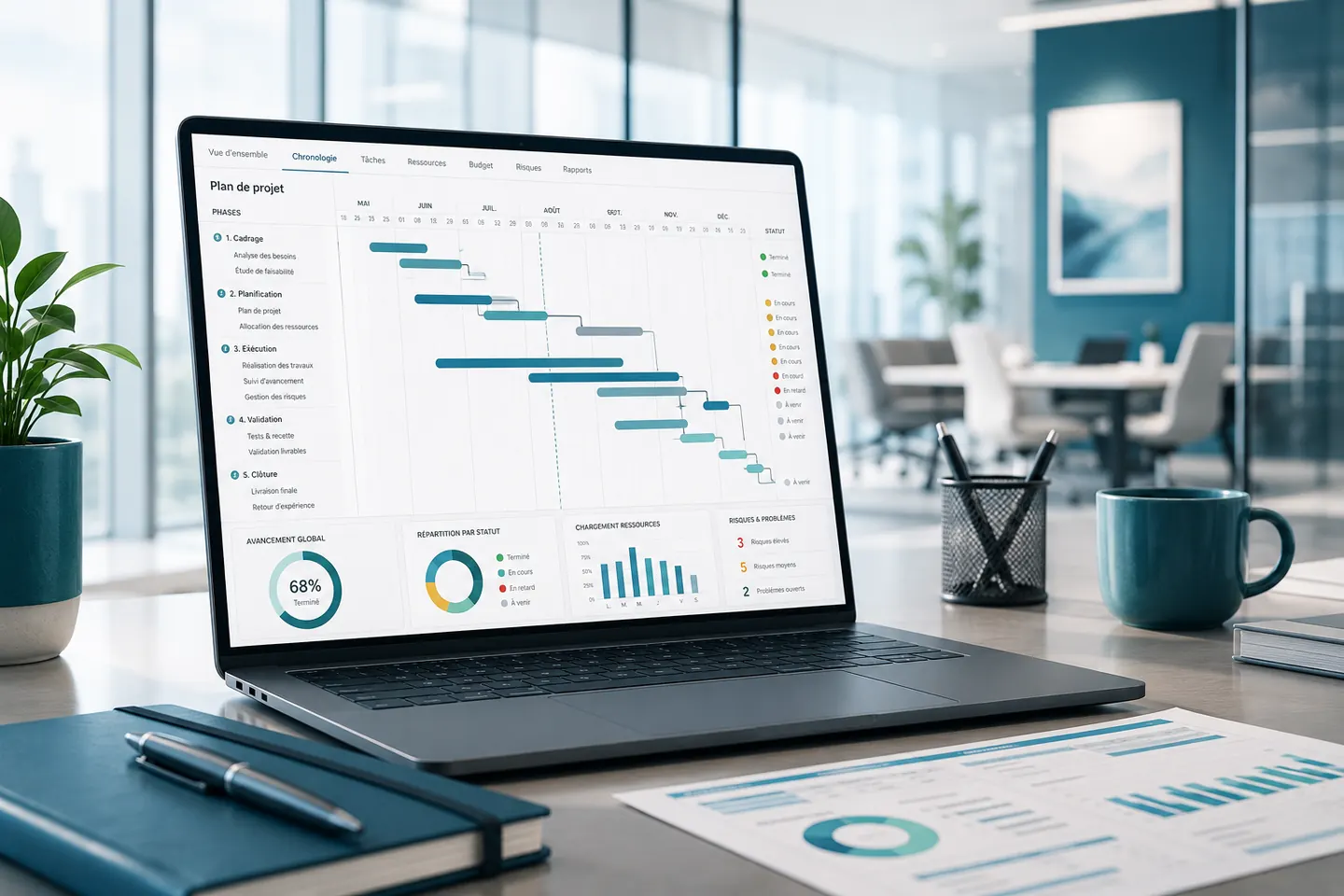 Planning projet, suivi des jalons et reporting de gestion